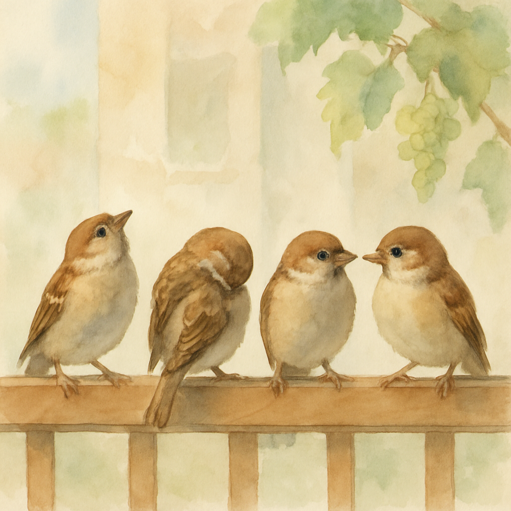 Four small brown sparrows perched in a row on a wooden balcony railing. Each bird is slightly different — one looking up, one preening, two facing each other. Behind them, a soft blur of a pale stone 