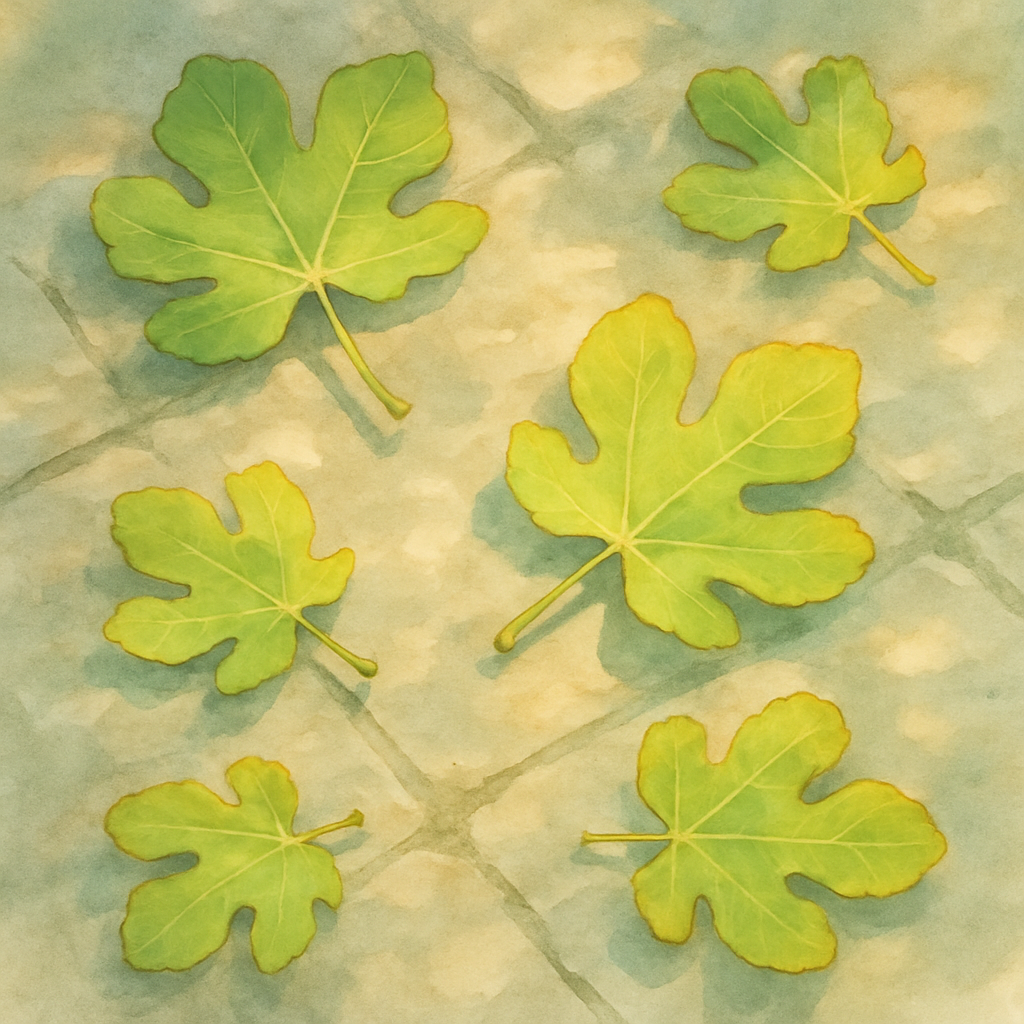 Five fig leaves scattered on a stone path — each a slightly different shade of green, some with a yellow edge as if late summer. The stones are warm grey, dappled with sunlight through a tree above. W