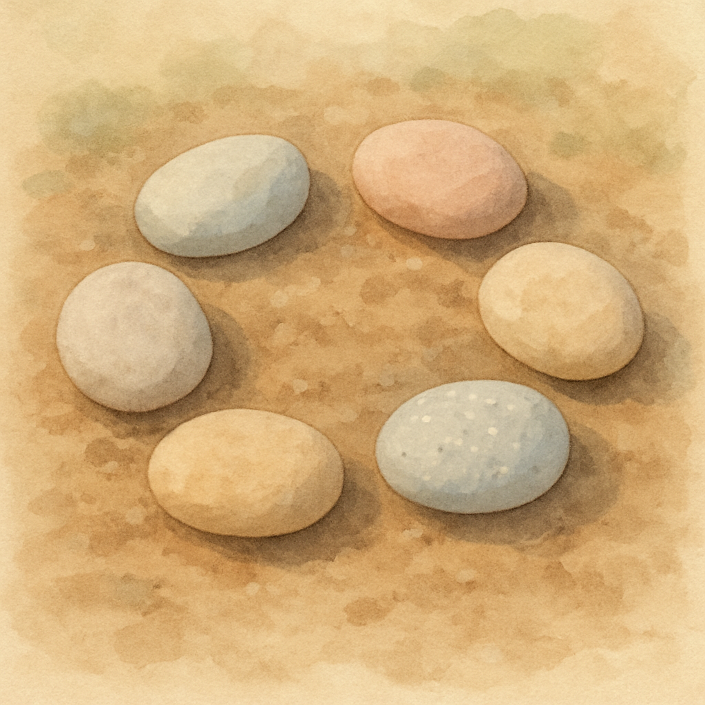 Six small smooth pebbles arranged in a loose circle on packed earth. The pebbles are different soft colors — pale grey, sandy beige, dusty pink, one with tiny white speckles. A child's game, paused. W
