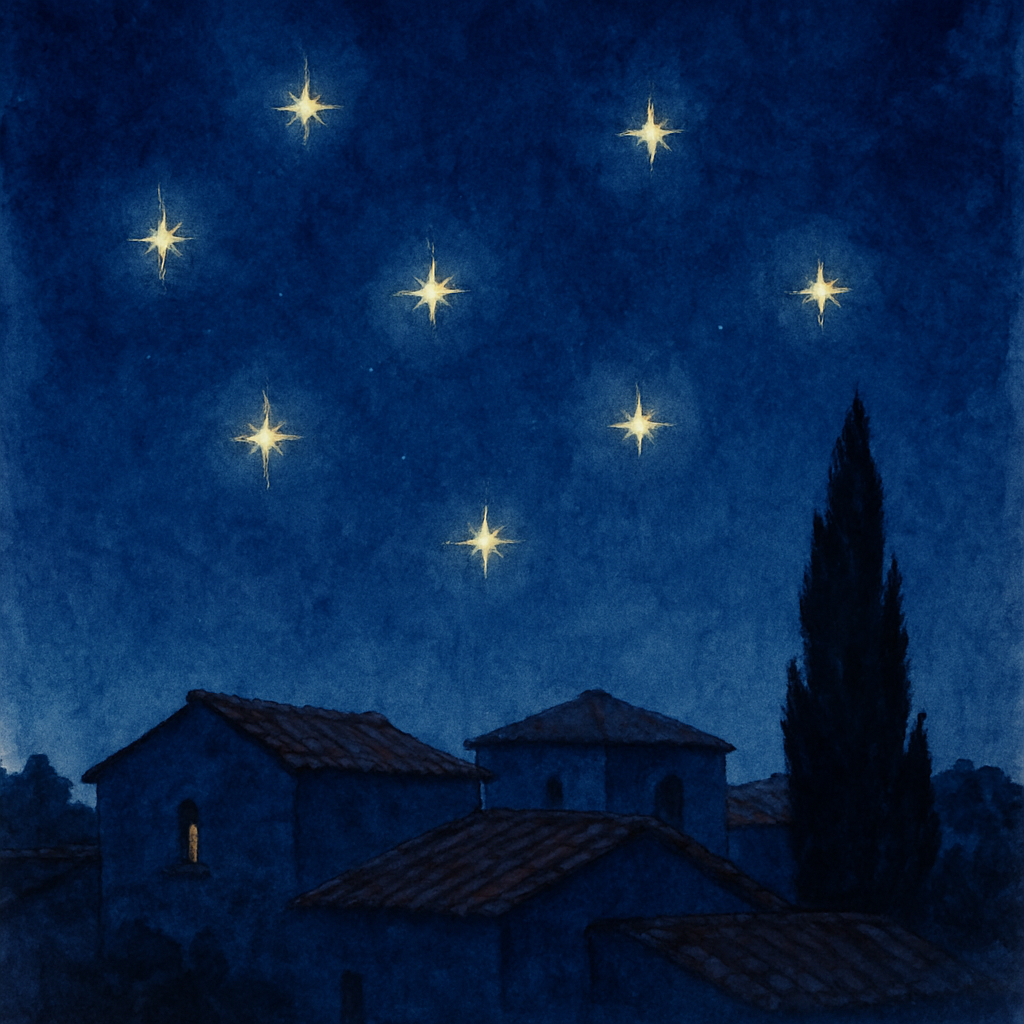 Seven small bright stars scattered across a deep indigo evening sky. Below, the soft silhouette of a Levantine village rooftop with a single cypress tree. The stars feel close, almost touchable. Water
