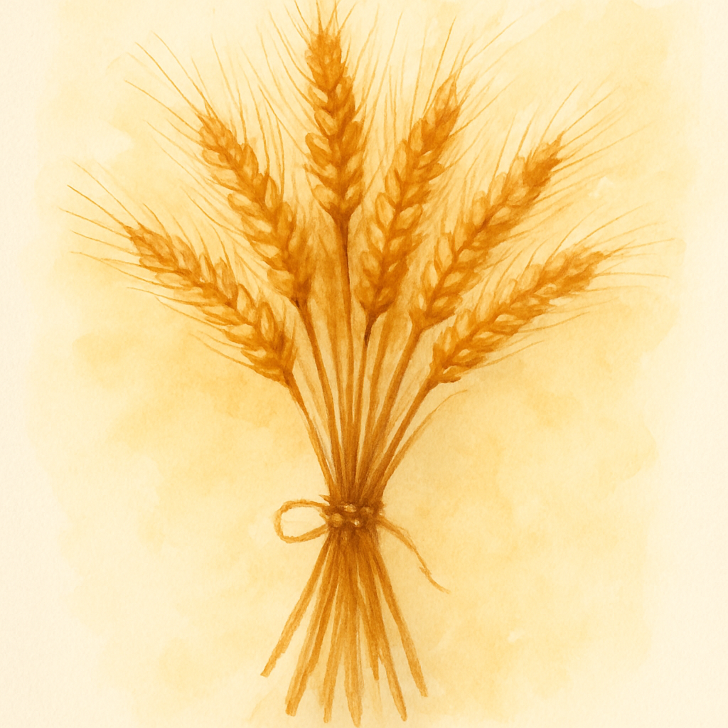 Eight golden wheat stalks gathered loosely in a small bundle, tied with a thin piece of natural twine. The grains are full and ripe, the long whiskers catching late afternoon light. Background is a so