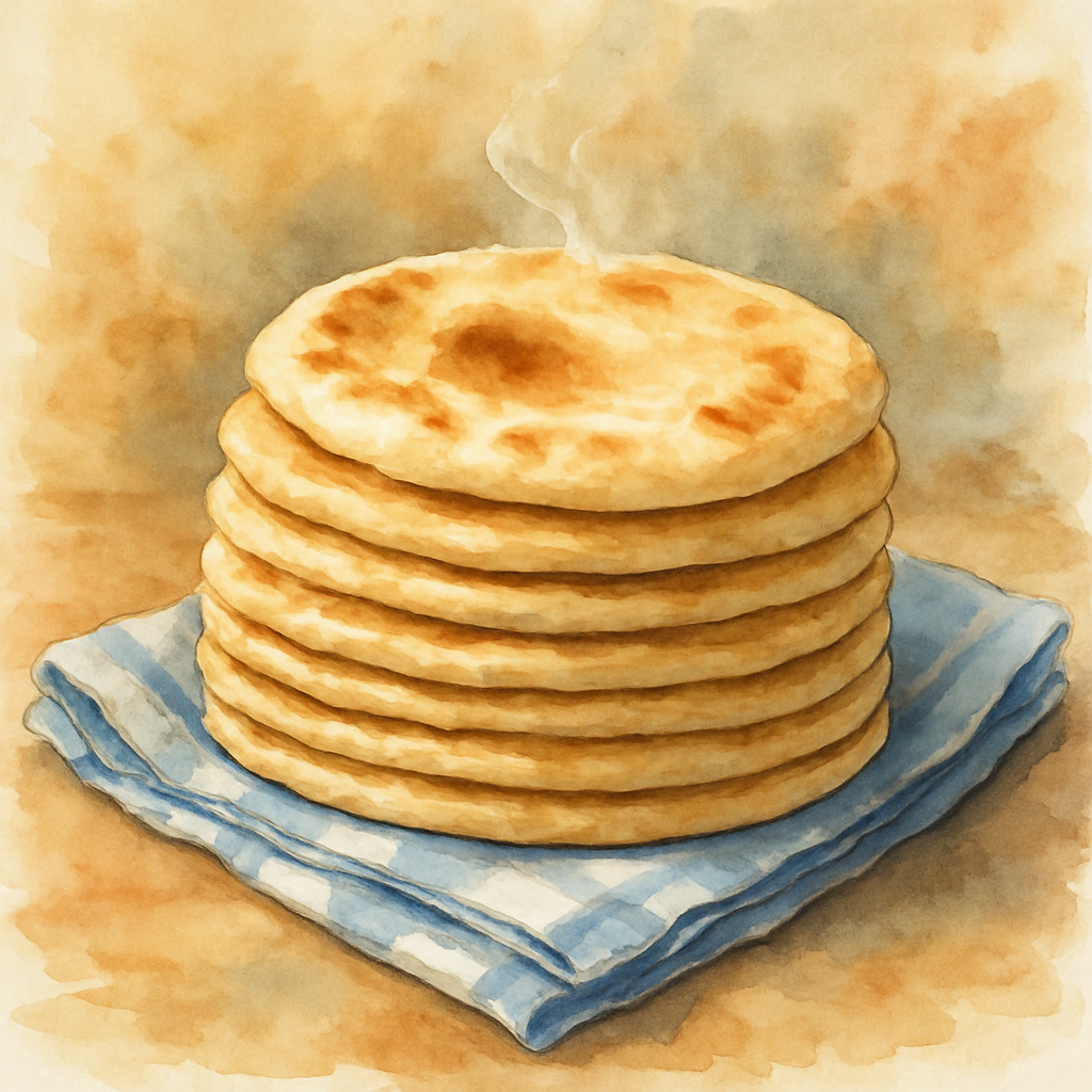 Nine round flatbreads (khubz) stacked gently on a folded blue-and-white cotton cloth. The top loaf is slightly off-center, golden-brown and warm. A faint wisp of steam rises from the stack. Watercolor