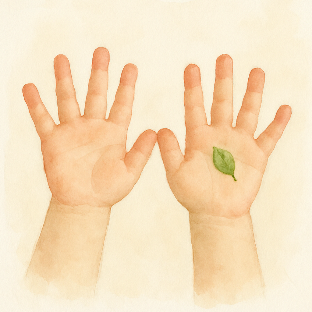 Two small child's hands held up side by side, palms facing the viewer, all ten fingers spread wide. The hands are soft and warm, against a pale cream background. A tiny green leaf rests in one palm, a