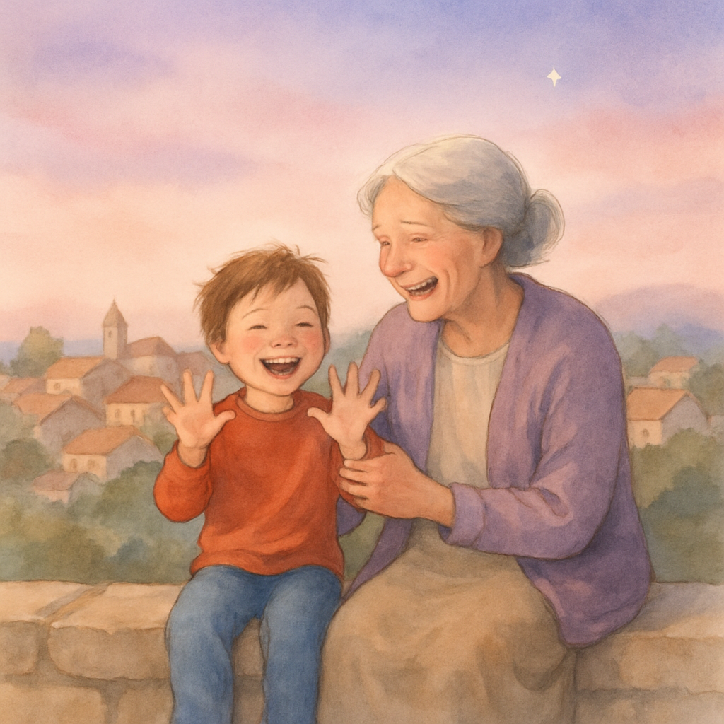 The same child and grandmother from the cover, now sitting together on the stone wall at the end of the day. The child is holding up all ten fingers proudly, laughing. The grandmother is laughing too,