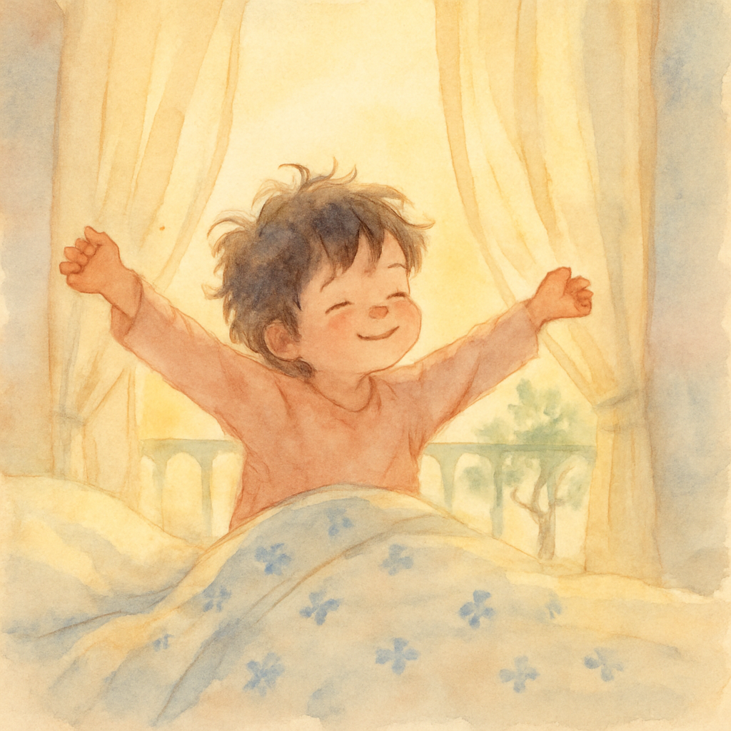 A soft watercolor illustration of a young child with tousled dark hair, sitting up in bed, stretching their arms wide as morning light pours through a window with sheer cream curtains. A small olive t