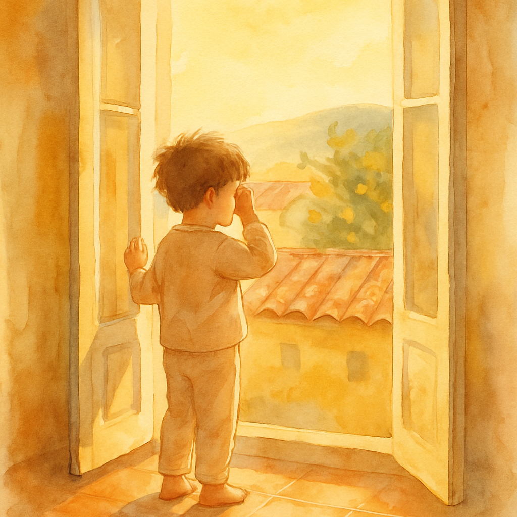 The same child, now standing barefoot by the window in pajamas, looking out at a bright Levantine morning. Soft golden sunlight spills onto the tiled floor. Outside the window: a few clay-tiled roofto