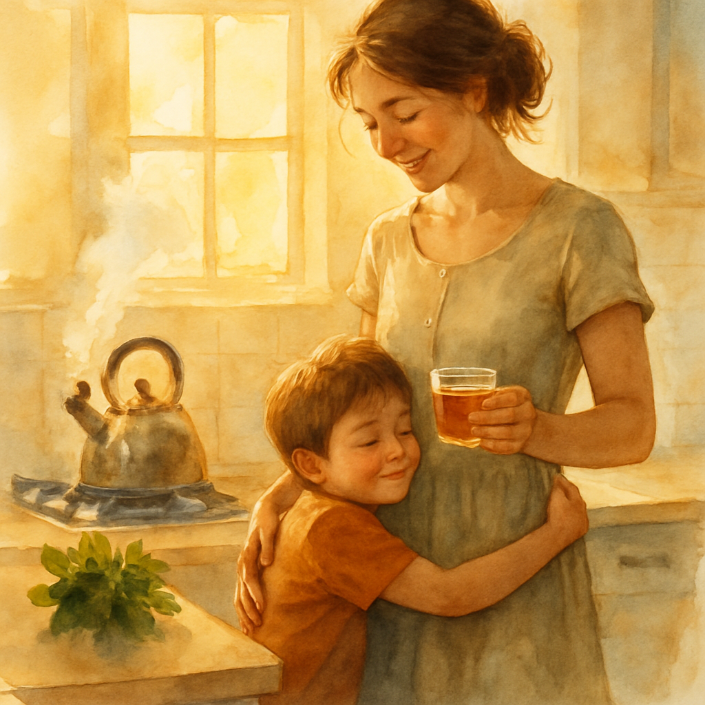 The child hugging their mother around the waist in a sunny kitchen. The mother is smiling down, holding a small glass of tea, her hair loosely tied back. She wears a simple cotton dress. Behind them, 