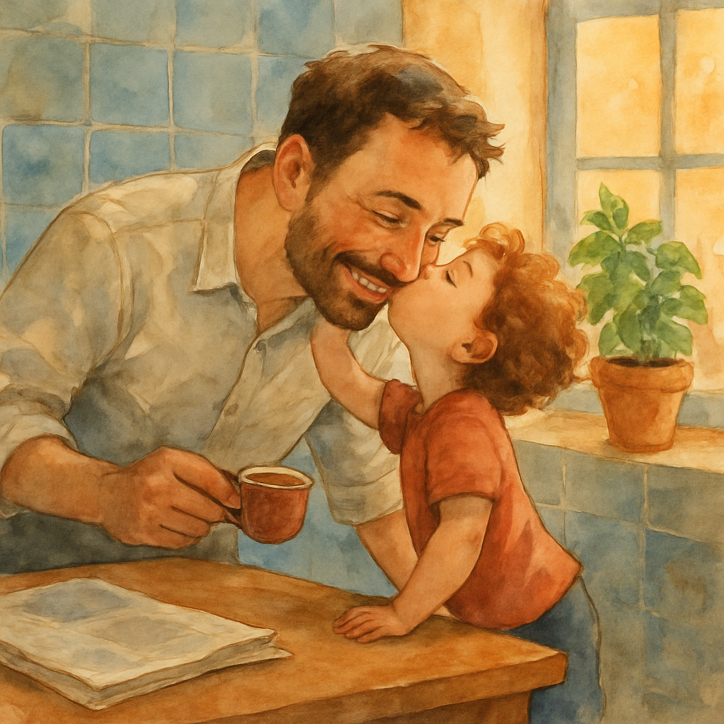 The child reaching up on tiptoes to kiss their father's cheek. The father is leaning down, smiling, holding a small cup of coffee. He wears a simple button-up shirt with the sleeves rolled. A newspape