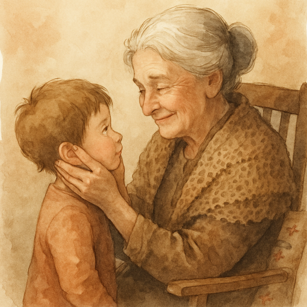 The child standing close to their grandmother, who is seated in a wooden chair. Teta has silver hair pulled back in a soft bun, gentle wrinkles, and a knitted shawl around her shoulders. She cups the 