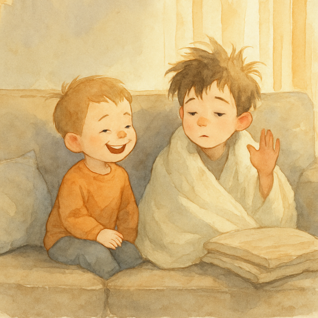 The child grinning at a slightly older brother who is still half-asleep, hair sticking up, wrapped in a soft blanket on a couch. The brother gives a tiny sleepy wave. A floor cushion and a folded thro
