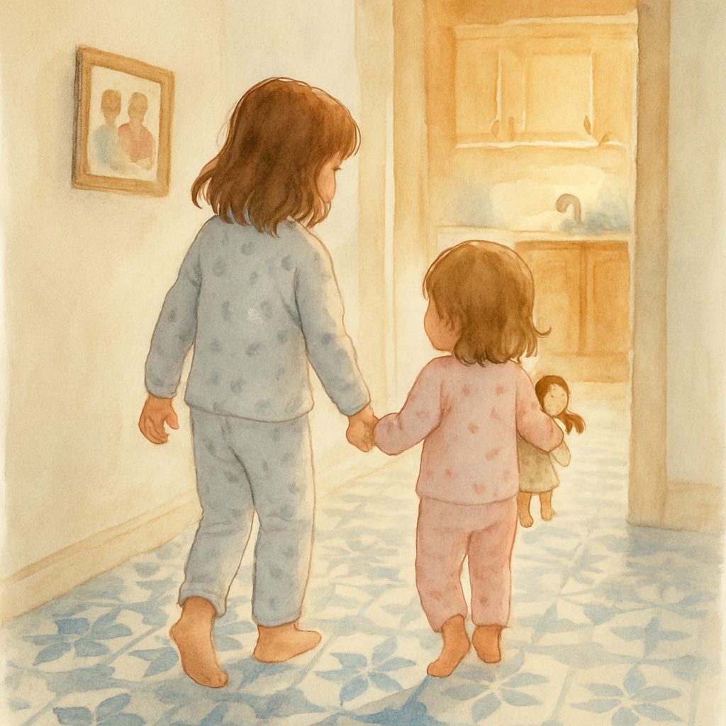 The child holding hands with a younger sister in pajamas, both walking together toward the kitchen. The little sister clutches a small cloth doll. Their bare feet on patterned floor tiles — classic Le