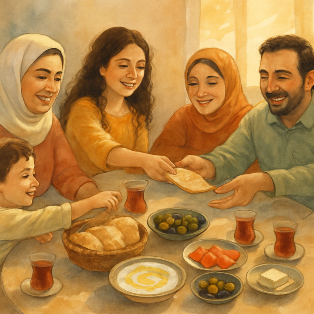 A wide view of the whole family — mama, baba, teta, brother, sister, and the child — gathered around a round table covered with small plates: a bowl of creamy labneh drizzled with olive oil, a dish of