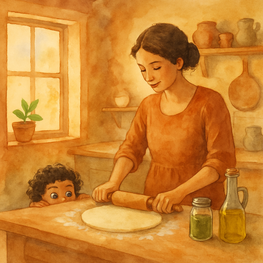 A soft watercolor illustration of a warm Levantine kitchen in the morning. A mother with her hair tied back stands at a wooden counter, rolling dough with a small rolling pin. A young child with curly