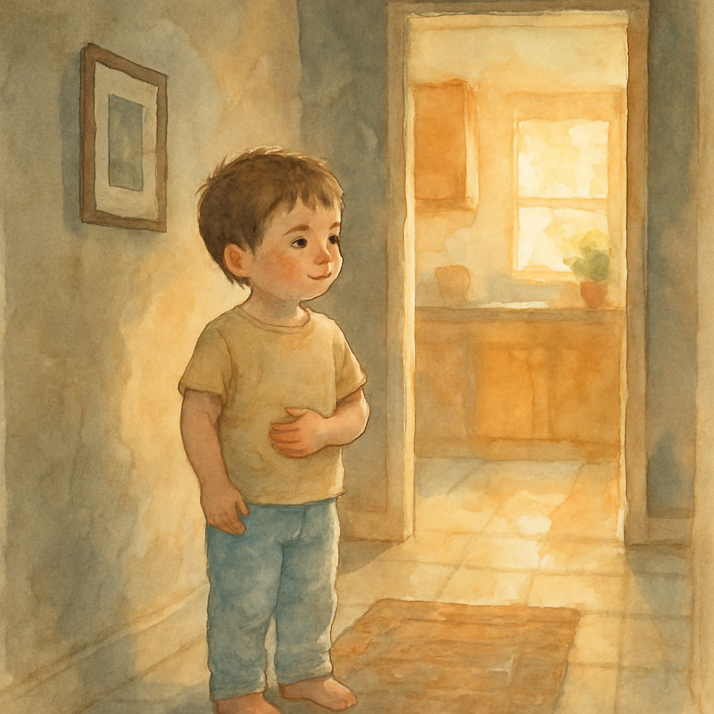 The young child stands in a sunlit hallway, one hand on their belly, looking toward the kitchen with a small hopeful smile. They wear a soft cotton t-shirt and pajama pants. The hallway has a simple f