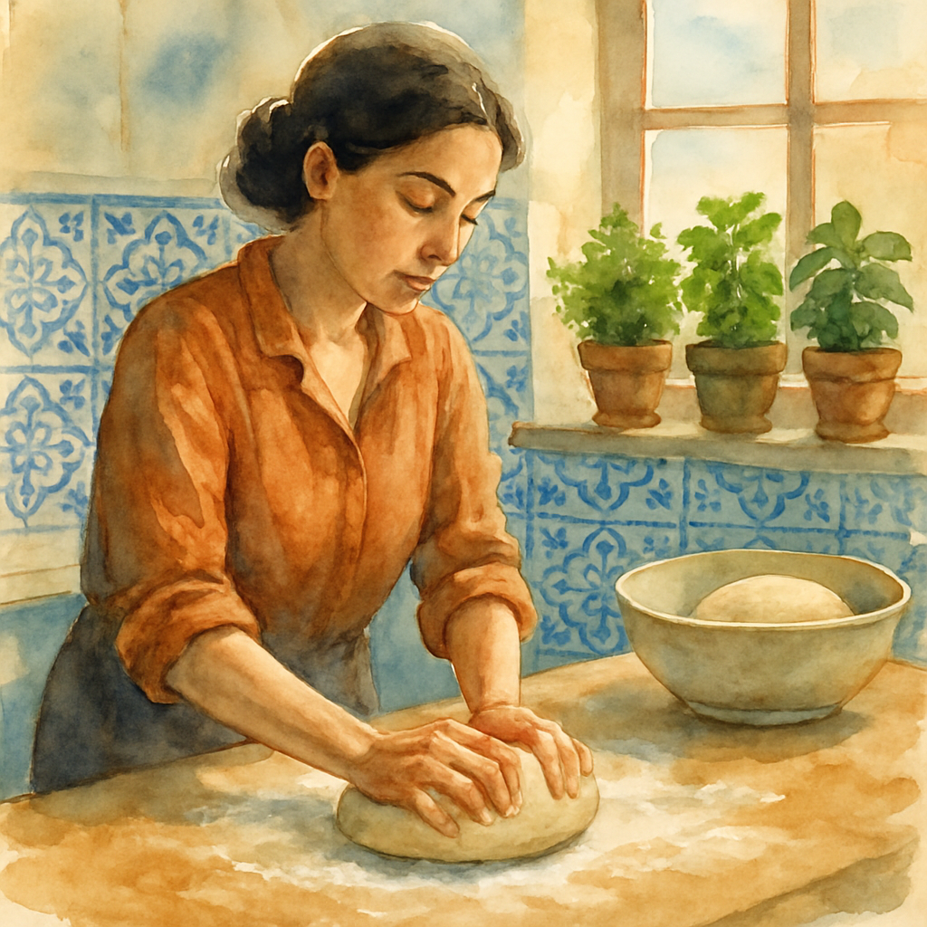 The mother stands at the kitchen counter in a sunny Levantine kitchen, sleeves rolled up, kneading a soft ball of dough. Flour lightly dusts the counter. Behind her, blue and white patterned tiles and