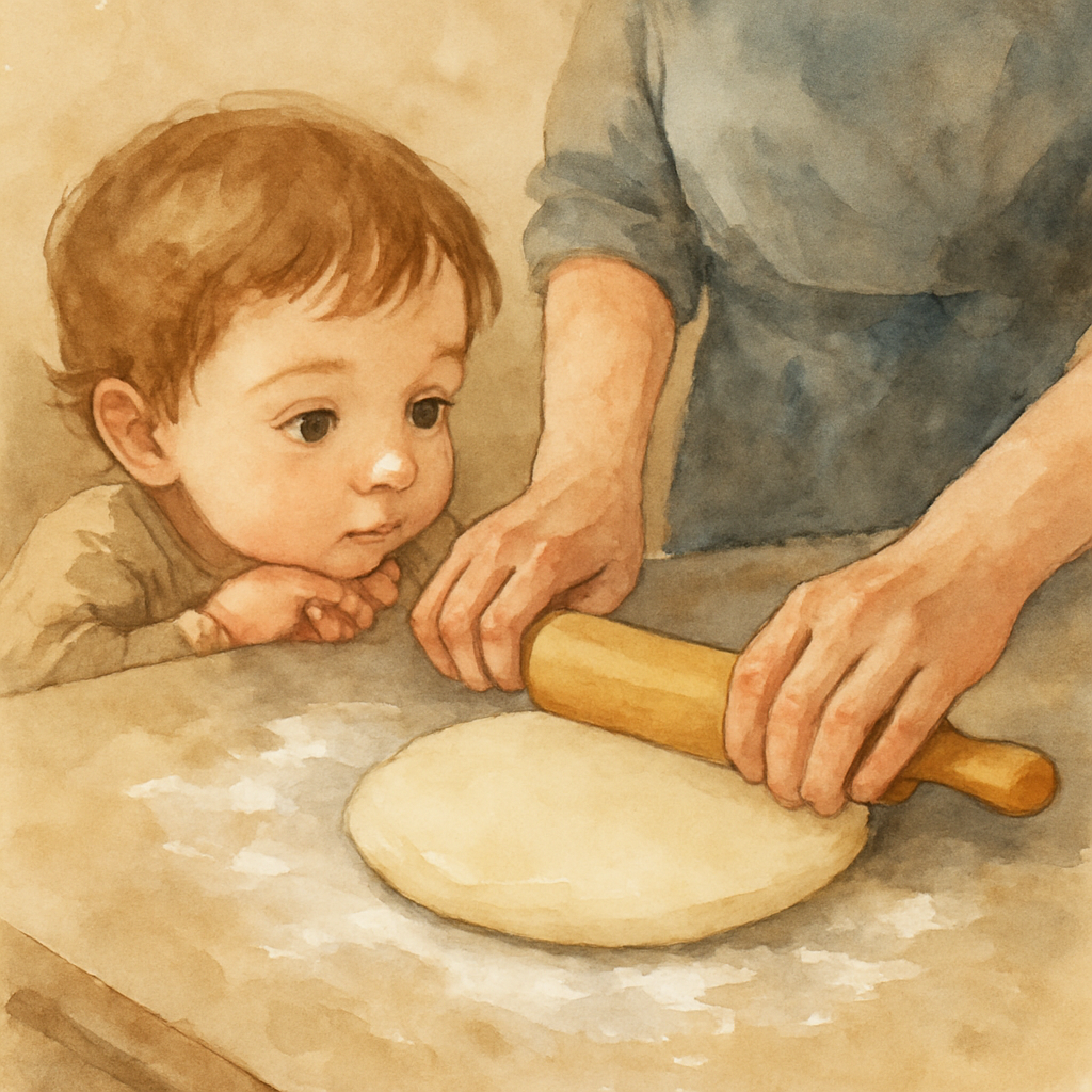 Close-up of the child standing on tiptoes at the edge of the counter, chin resting on their hands, watching the mother's hands roll out a round piece of dough with a small wooden rolling pin. The doug