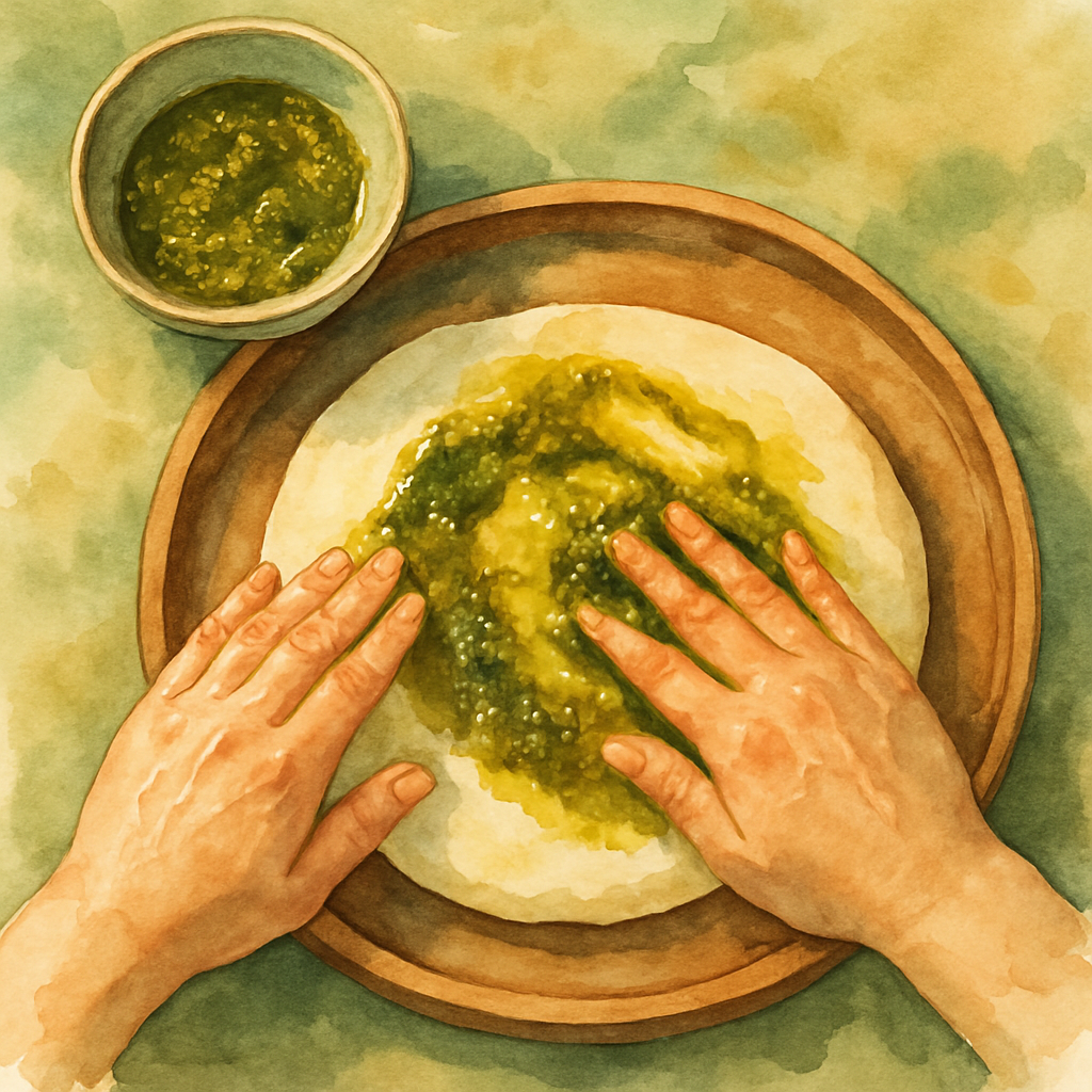 Overhead view of the mother's hands spreading a mixture of green za'atar and golden olive oil across a flat round of dough. A small ceramic bowl holds the za'atar paste. The dough rests on a wooden tr