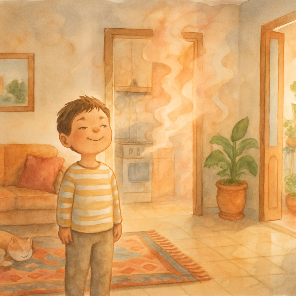 A wide view of the small Levantine apartment. The child stands in the living room, eyes closed, smiling, breathing in deeply. Soft swirls of warm steam drift from the kitchen doorway in gentle waterco