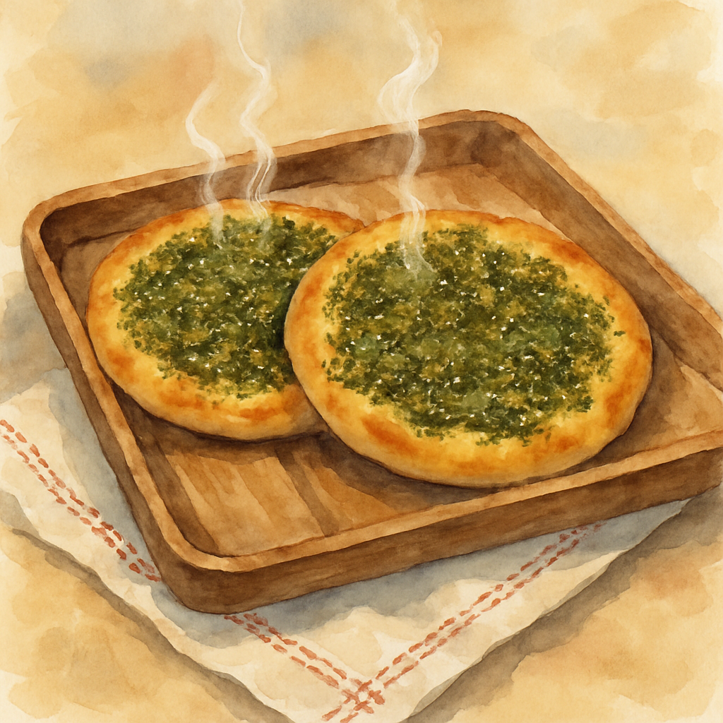 A wooden tray holding two freshly baked manakish — round flatbreads topped with green za'atar and glistening olive oil. Tiny wisps of steam rise from them. The edges of the bread are golden brown. The