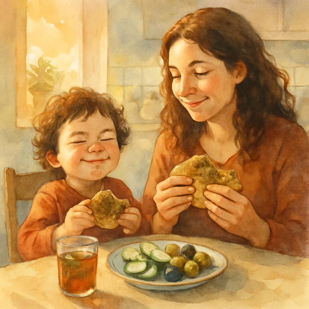 The mother and child sit together at a small kitchen table, each holding a folded piece of za'atar manakish. The child has a tiny smudge of za'atar at the corner of their mouth, eyes scrunched in happ