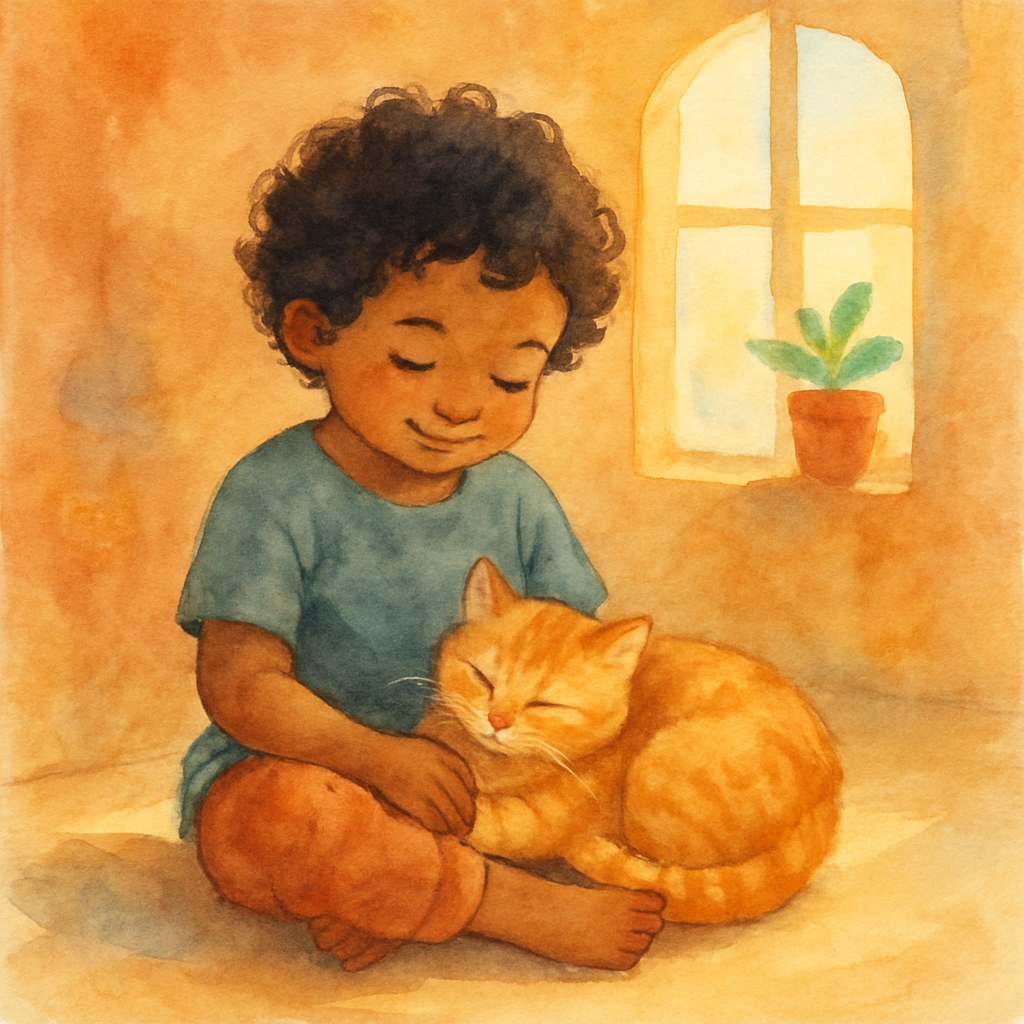 A soft watercolor illustration of a young child with dark curly hair sitting cross-legged on a warm sunlit floor, a fluffy orange tabby cat curled into their lap. The child is smiling gently, looking 