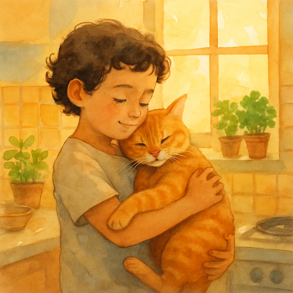 The same child from the cover, standing in a sunny Levantine kitchen, holding the orange tabby cat in their arms. The cat looks relaxed, head resting on the child's shoulder. The child wears a simple 