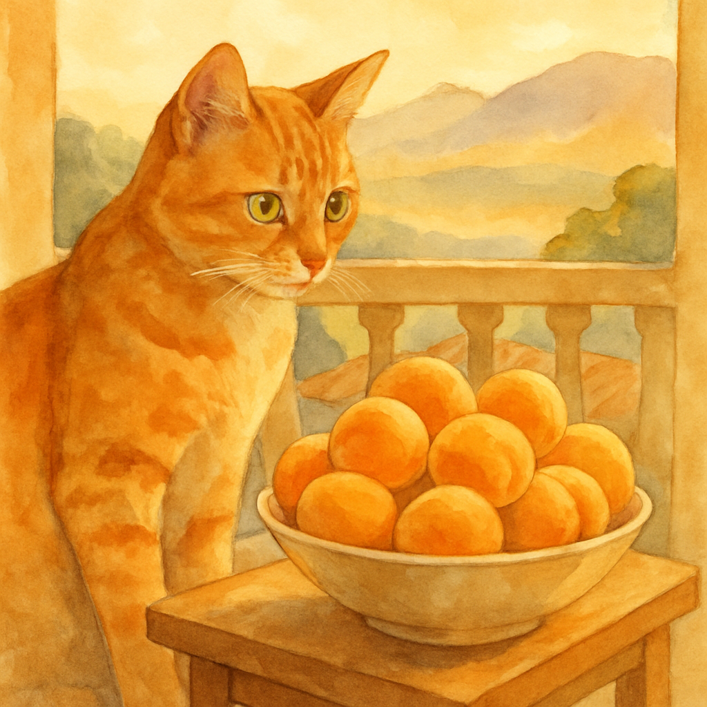 A close-up of the orange tabby cat sitting beside a bowl of fresh apricots on a small wooden table. The cat is looking curiously at the apricots, ears alert. The fruits are ripe orange-yellow, casuall