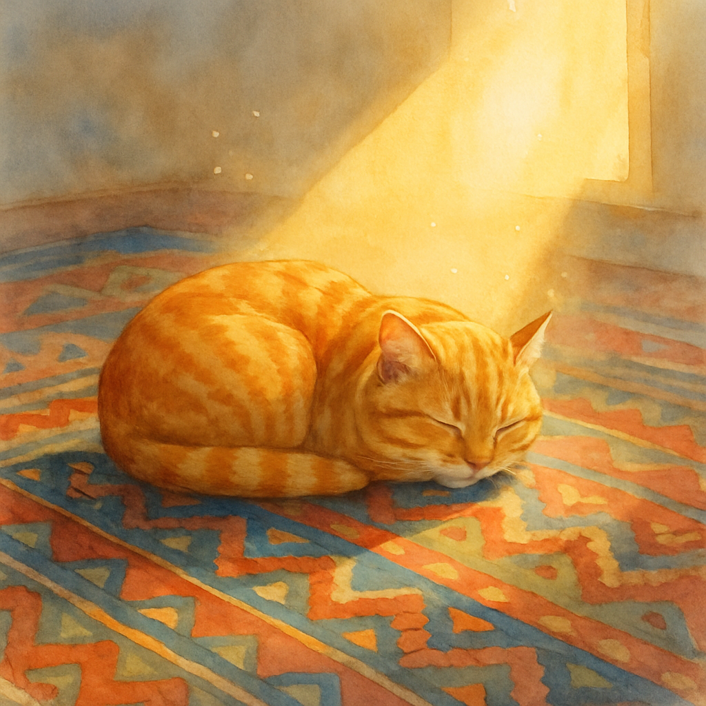 Mishmish the orange tabby cat is fast asleep, curled into a tight loaf shape, on a colorful Levantine kilim rug. A pool of golden sunlight from a nearby window falls directly across his fur. Tiny dust