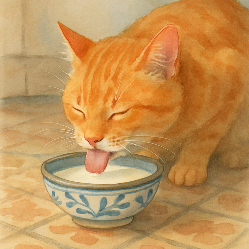Mishmish bent over a small ceramic bowl of milk, his pink tongue lapping carefully. A few drops of milk on his orange whiskers. The bowl is hand-painted with simple blue Levantine patterns. The kitche