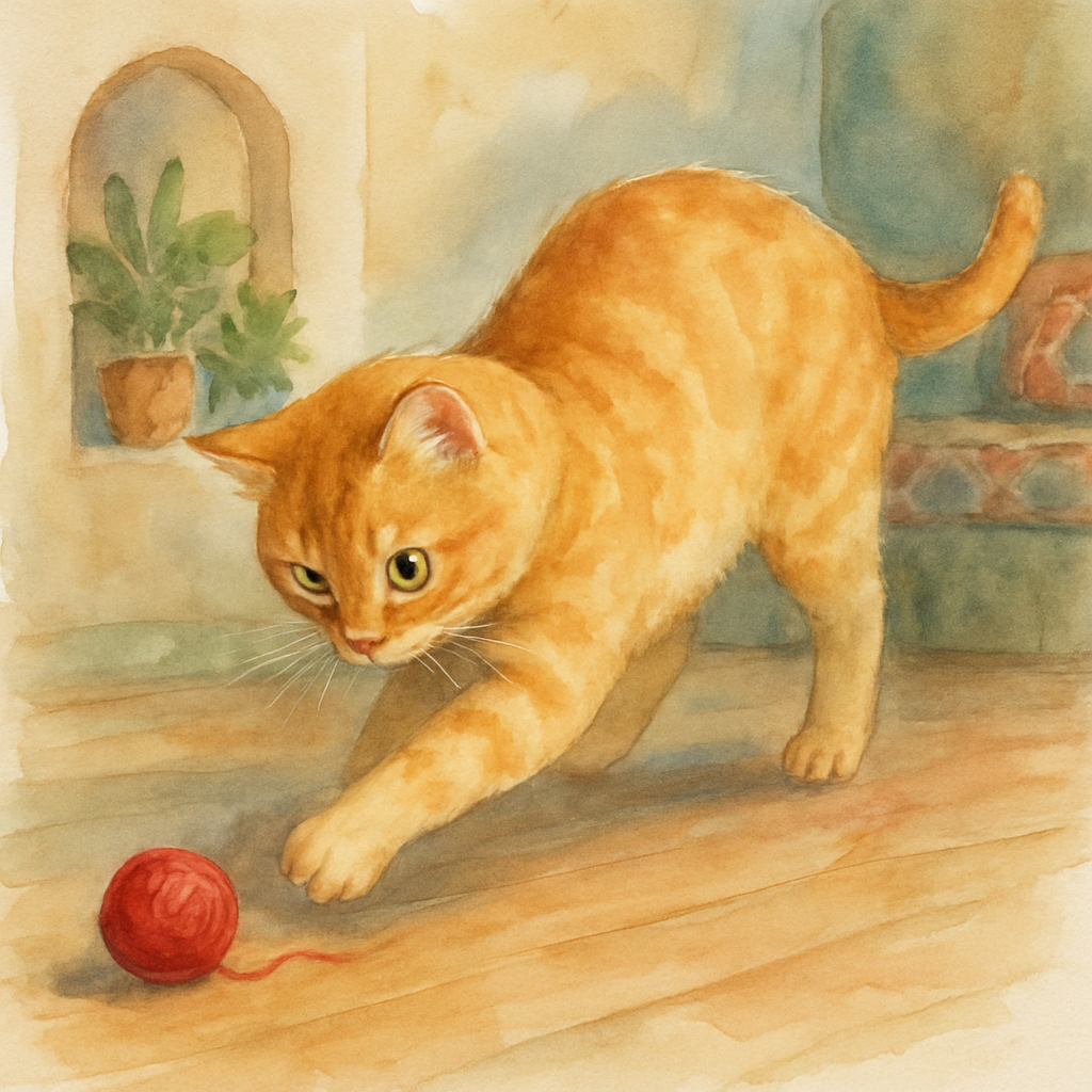 Mishmish in mid-pounce, batting at a small red wool ball. The ball is rolling across a wooden floor. His back arched, paws stretched, eyes wide with playful focus. Watercolor style with a sense of gen