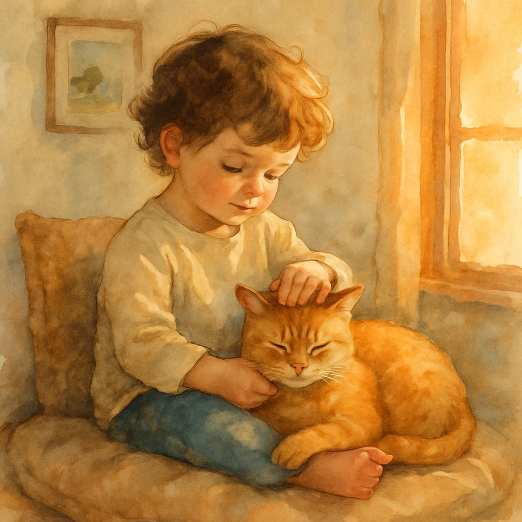 The young child from the cover, sitting on a comfortable cushion on the floor, with Mishmish curled in their lap. The child gently strokes the cat's head with one hand. The cat's eyes are half-closed 