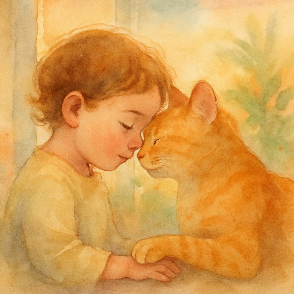 The young child resting their forehead gently against Mishmish's forehead — a "kitty kiss." Both eyes closed in a moment of pure tenderness. The cat's paw rests on the child's hand. Behind them, a sof