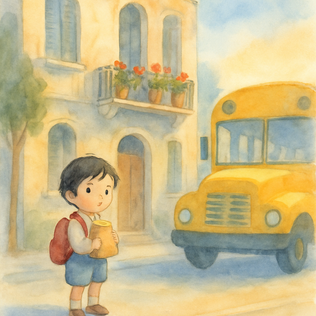 A soft watercolor illustration of a young child with short dark hair and a small red backpack, standing on the sidewalk in front of a Levantine apartment building. A bright yellow school bus is approa