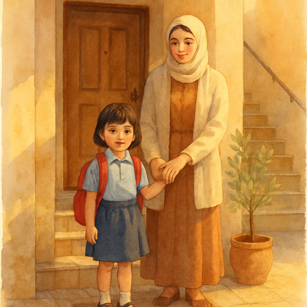 The same child standing at the entrance of a small Levantine apartment building, wearing a fresh school uniform and the red backpack. Mama stands beside them in a soft cardigan, holding the child's ha