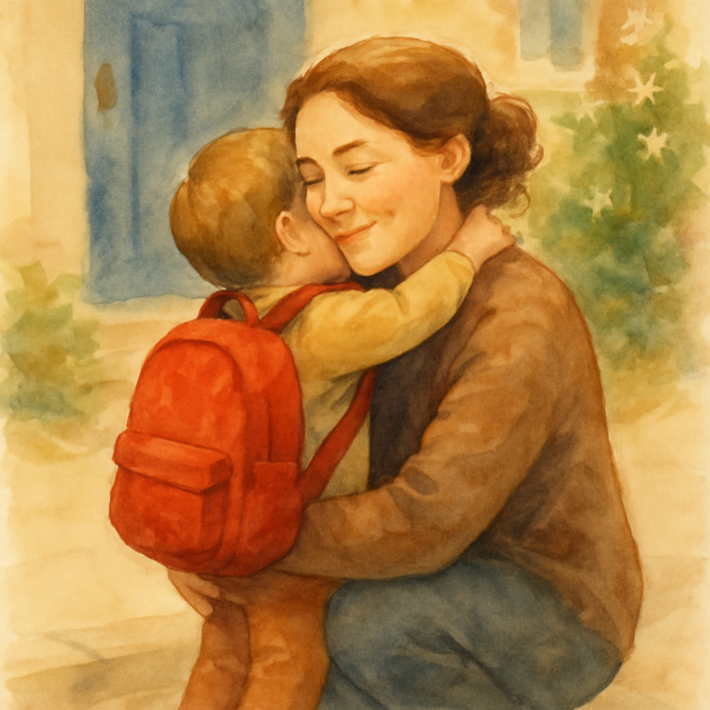 A warm close-up of Mama kneeling down on the sidewalk, hugging the child gently. The child's small arms wrap around her neck. Her eyes are kind, a soft smile on her face. The red backpack sits between