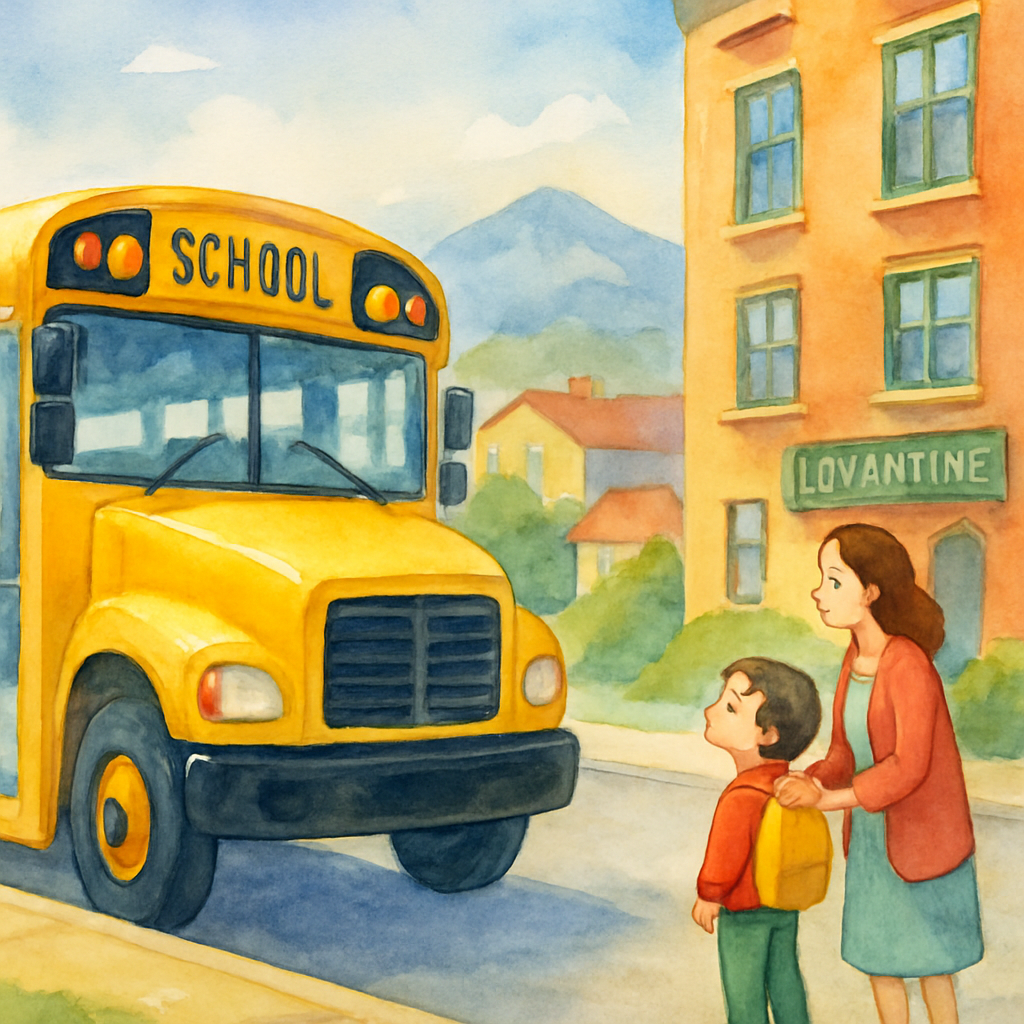 A bright yellow school bus pulling up to the curb in front of the Levantine apartment building. The bus door is opening. The child stands on the sidewalk, looking up at it with wide eyes. Mama is just