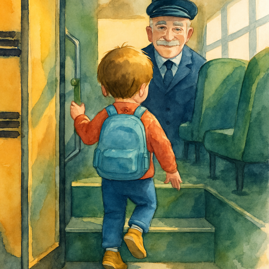The child stepping up the bus stairs, small hand gripping the rail. The bus driver, a kind older man with a gray mustache and a warm smile, waits patiently. Inside, rows of green vinyl seats stretch b