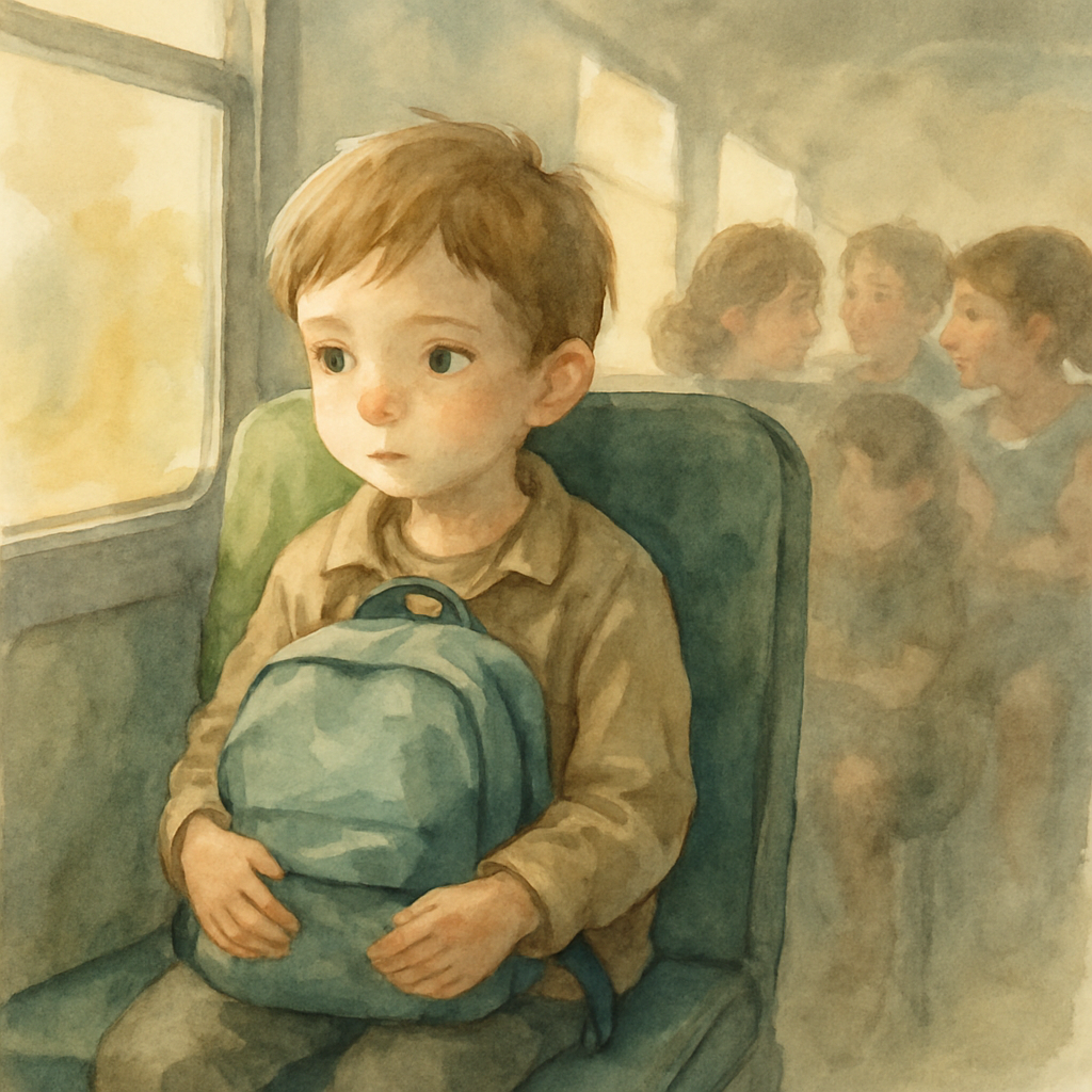 The child sitting alone on a green bus seat, backpack on their lap, looking small. Their face is quiet and a little worried. Other children chatter softly in the background, slightly blurred. Sunlight