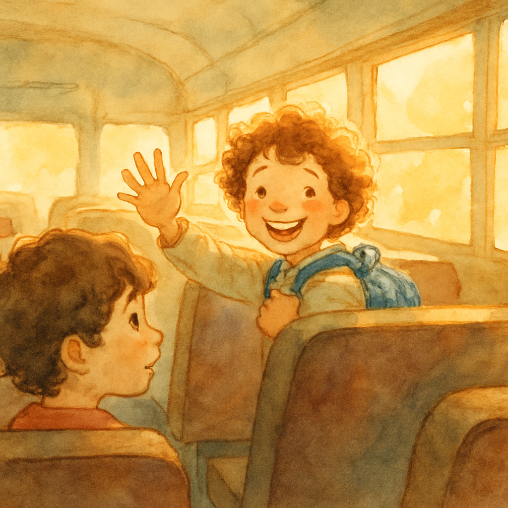 A few rows ahead, another child with curly hair and a blue backpack is turned around in their seat, waving with a big bright smile. Sunlight catches their hand mid-wave. The first child looks up, surp