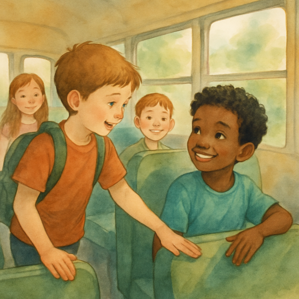 The waving friend now patting the empty seat beside them, grinning warmly. The first child is standing up, hand on the seat back, walking toward them down the aisle. Other children smile in the backgr