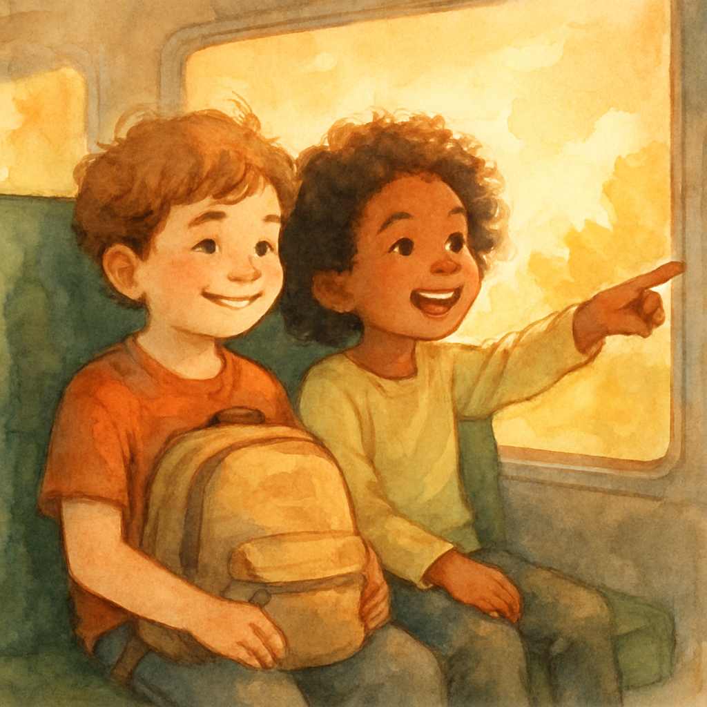 The two children sitting side by side on the green bus seat, shoulders touching, both smiling. The first child's backpack rests on their lap; the friend points excitedly out the window at something. W