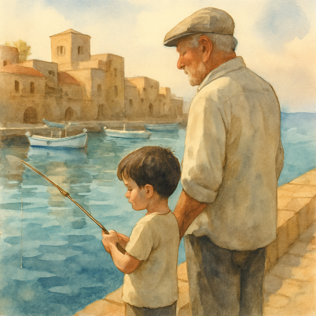 A soft watercolor illustration of a young child with short dark hair standing beside their grandfather on a stone pier at a Mediterranean port. The grandfather wears a simple linen shirt and a flat ca