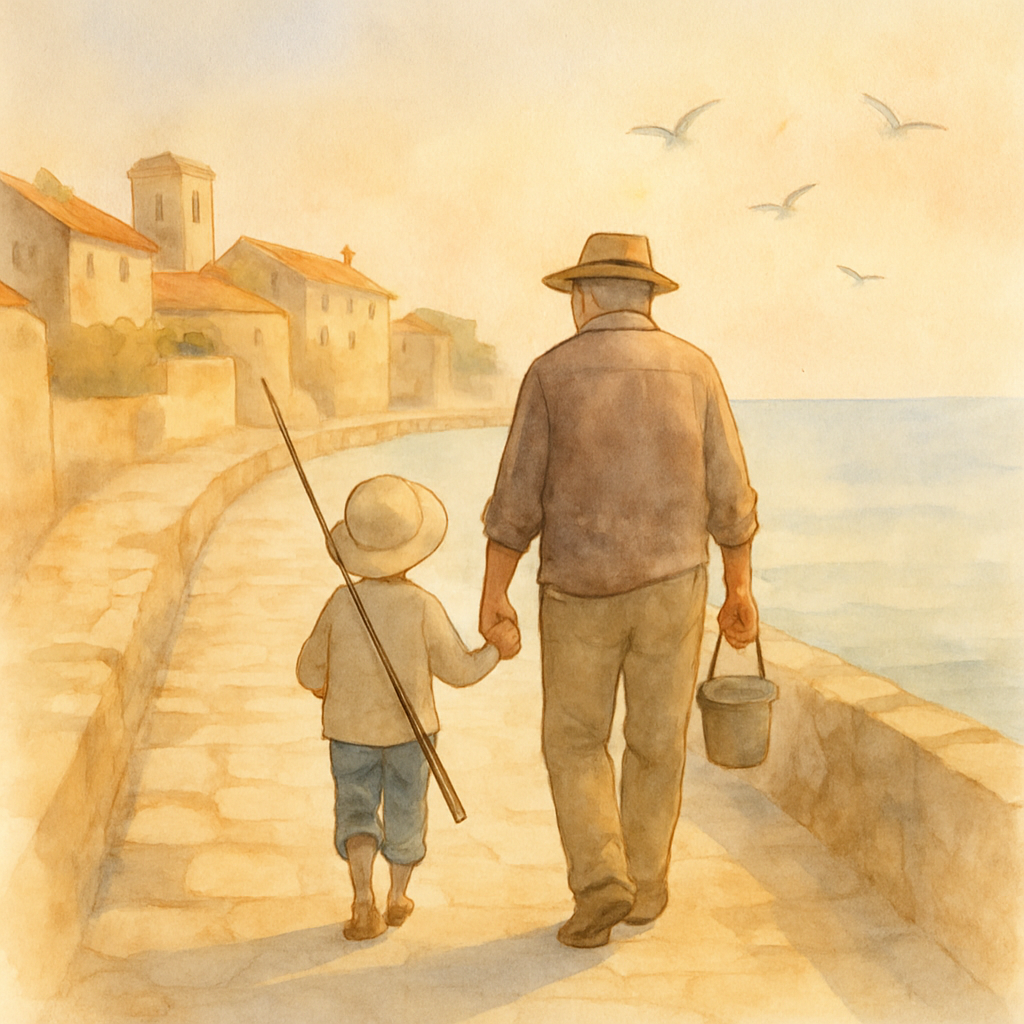 The child and grandfather walking hand in hand along a stone harbor path in the early morning. Grandfather carries a small bucket; the child carries a fishing rod over one shoulder. The Mediterranean 