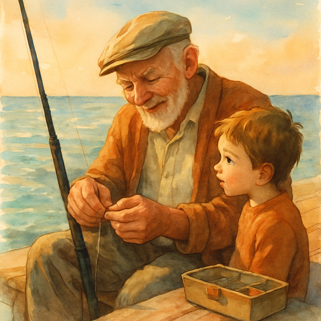 A close, warm portrait of the grandfather sitting on the edge of the pier, preparing his fishing rod with careful hands. His face is kind, weathered, smiling slightly. The child watches him closely, e