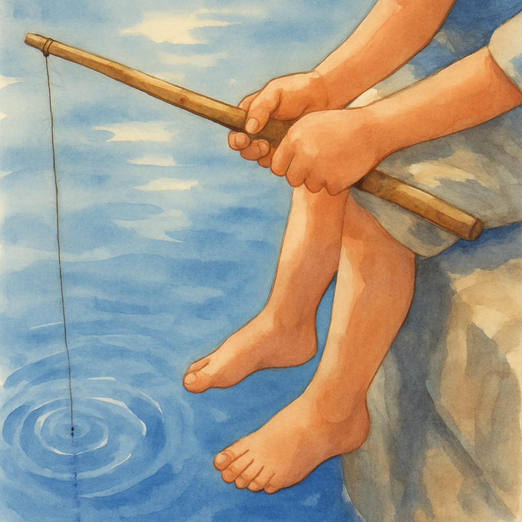 A close view of the child's small hands gripping a simple wooden fishing rod, the line dropping into the blue water below. The child's feet dangle off the stone pier. A gentle reflection of the sky sh