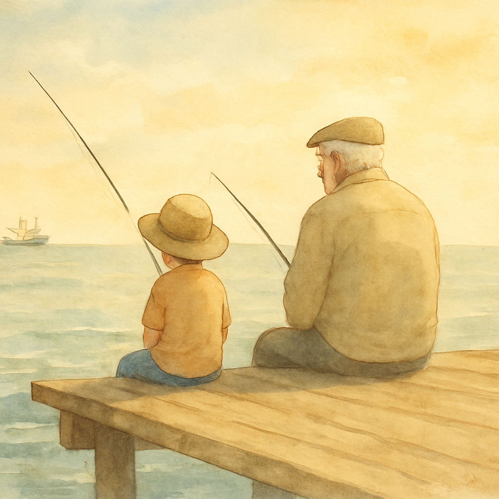A wider scene: the child and grandfather sitting quietly side by side on the pier, both holding their rods, both looking out at the sea. The light has shifted — now it's mid-morning, soft and golden. 
