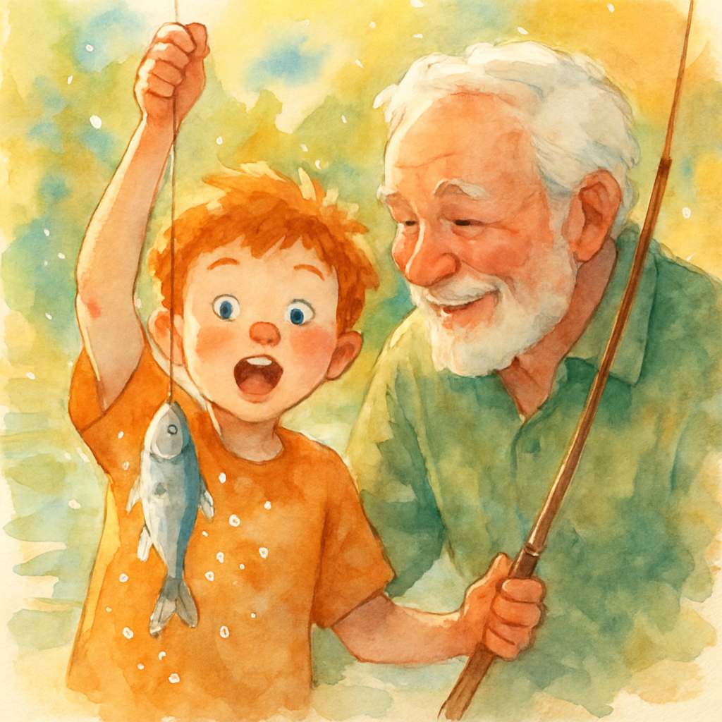 The child's face lit up with surprise and delight, holding up the fishing line. At the end of the line, a small silvery fish wiggles, glistening with water droplets. The grandfather leans in, smiling 