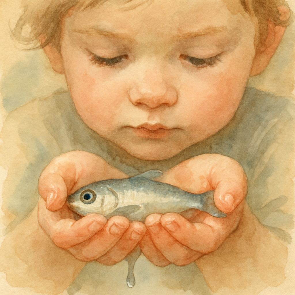 A close-up of the child's two small cupped hands cradling the tiny silver fish. The fish's eye is bright and alive; a single drop of water slips between the child's fingers. The child's face is soft, 