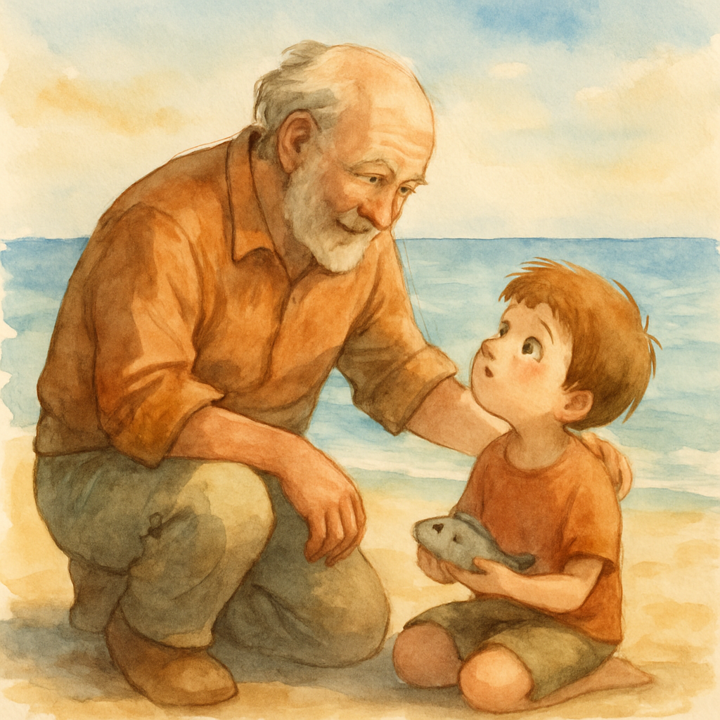 The grandfather kneels beside the child, his hand resting gently on the child's shoulder. He looks at the little fish in the child's hands with kind eyes. The child looks up at him, thinking. Behind t