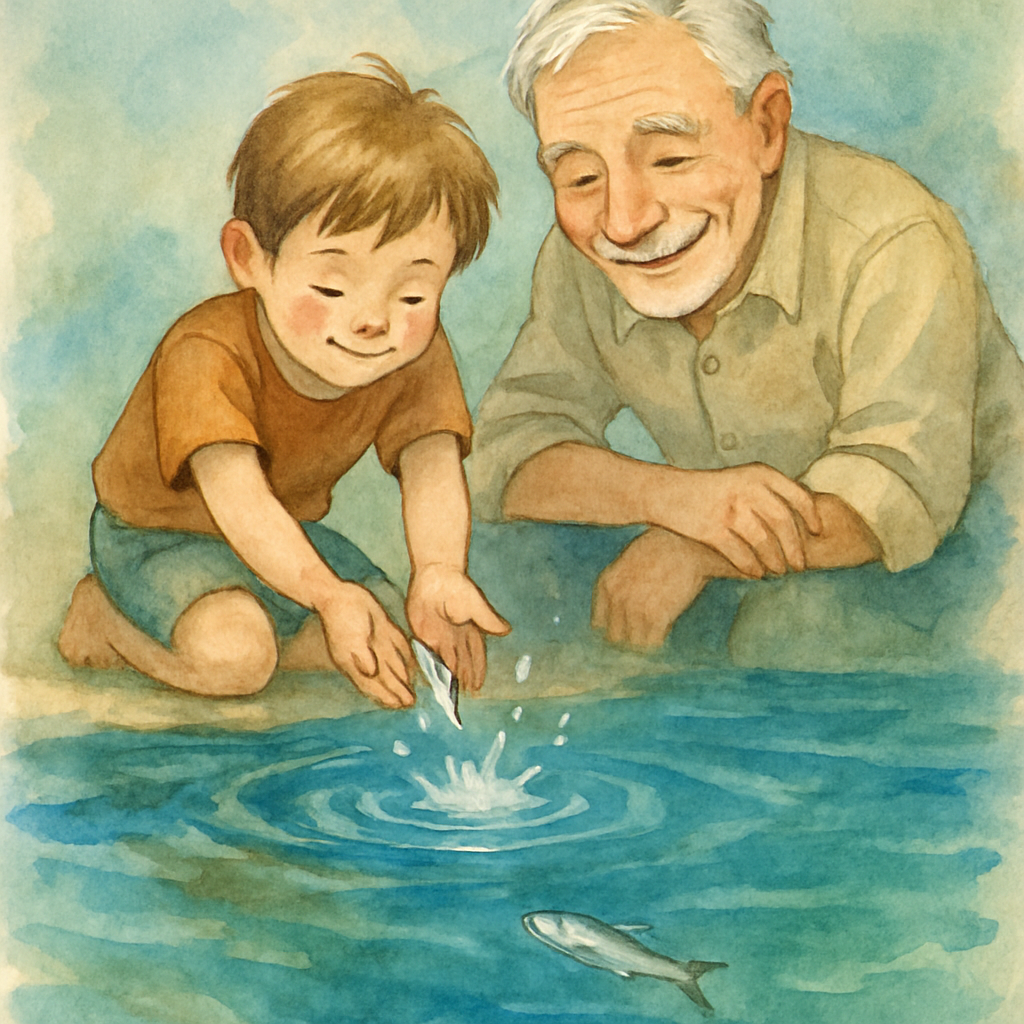 The tiny silver fish slipping from the child's hands into the clear blue-green water, leaving a small splash and a ripple. Below the surface, the fish's silver flash is visible, swimming away into the